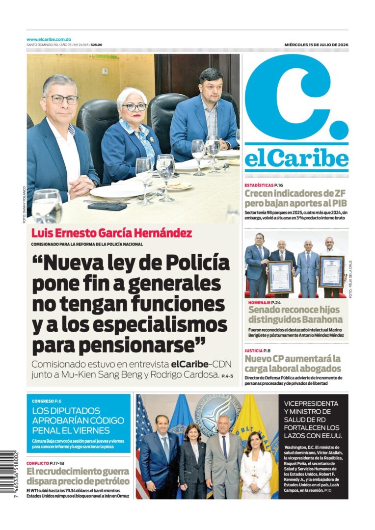 Portada Periódico El Caribe, Miércoles 15, Julio 2026