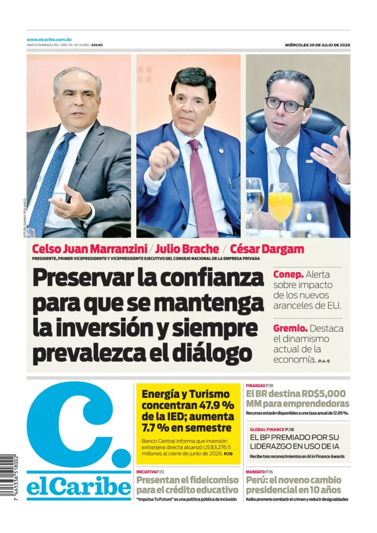 Portada Periódico El Caribe, Miércoles 29, Julio 2026