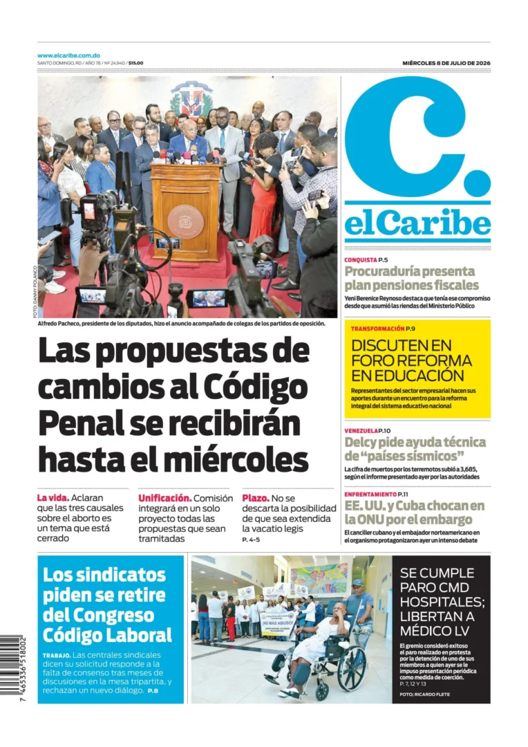 Portada Periódico El Caribe, Miércoles 8, Julio 2026