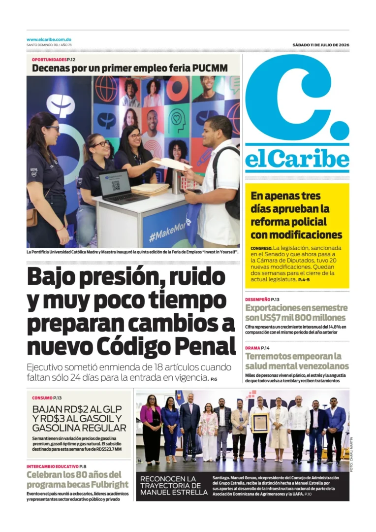 Portada Periódico El Caribe, Sábado 11, Julio 2026