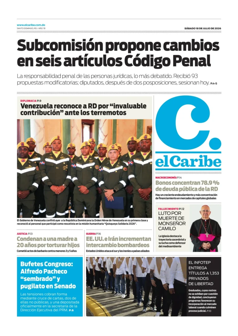 Portada Periódico El Caribe, Sábado 18, Julio 2026