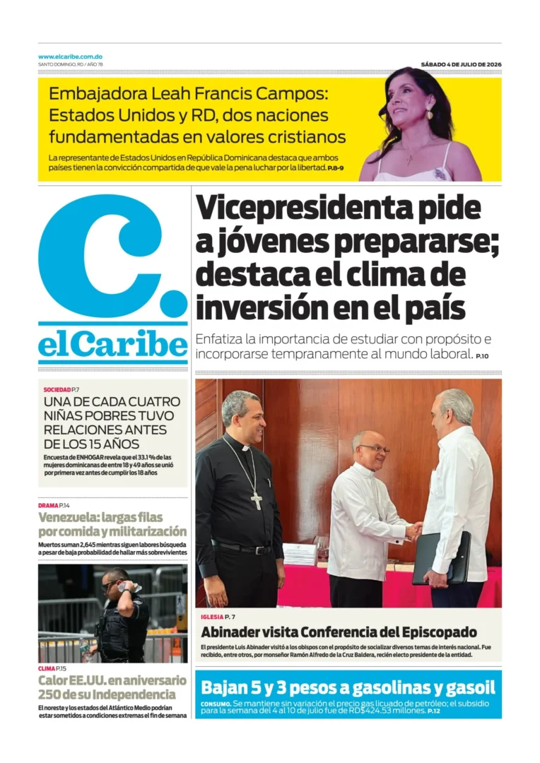 Portada Periódico El Caribe, Sábado 4, Julio 2026