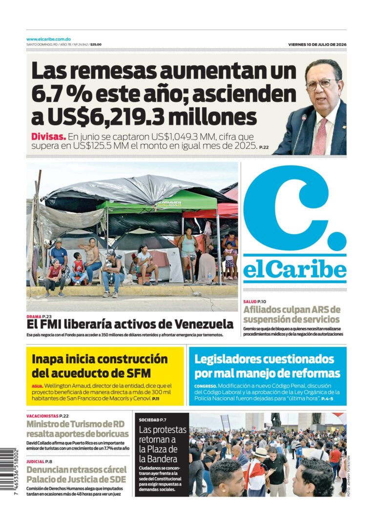 Portada Periódico El Caribe, Viernes 10, Julio 2026