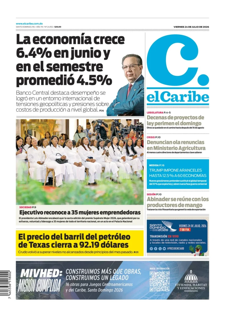 Portada Periódico El Caribe, Viernes 24, Julio 2026