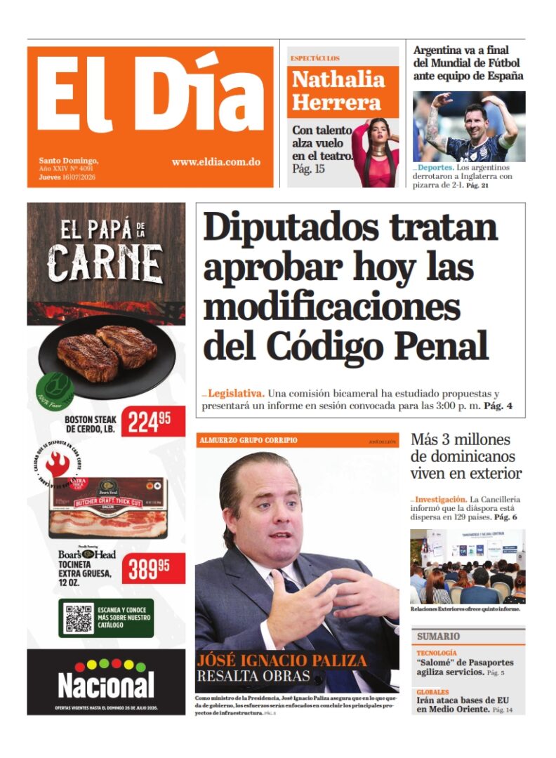 Portada Periódico El Día, Jueves 16, Julio 2026