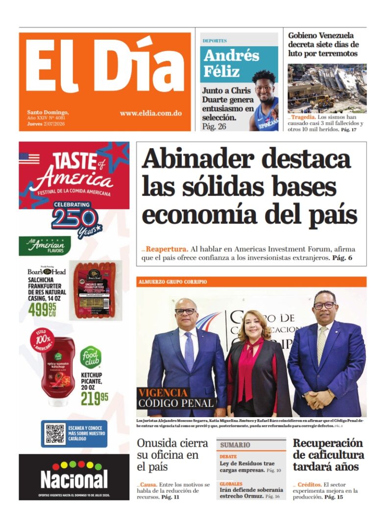 Portada Periódico El Día, Jueves 2, Julio 2026