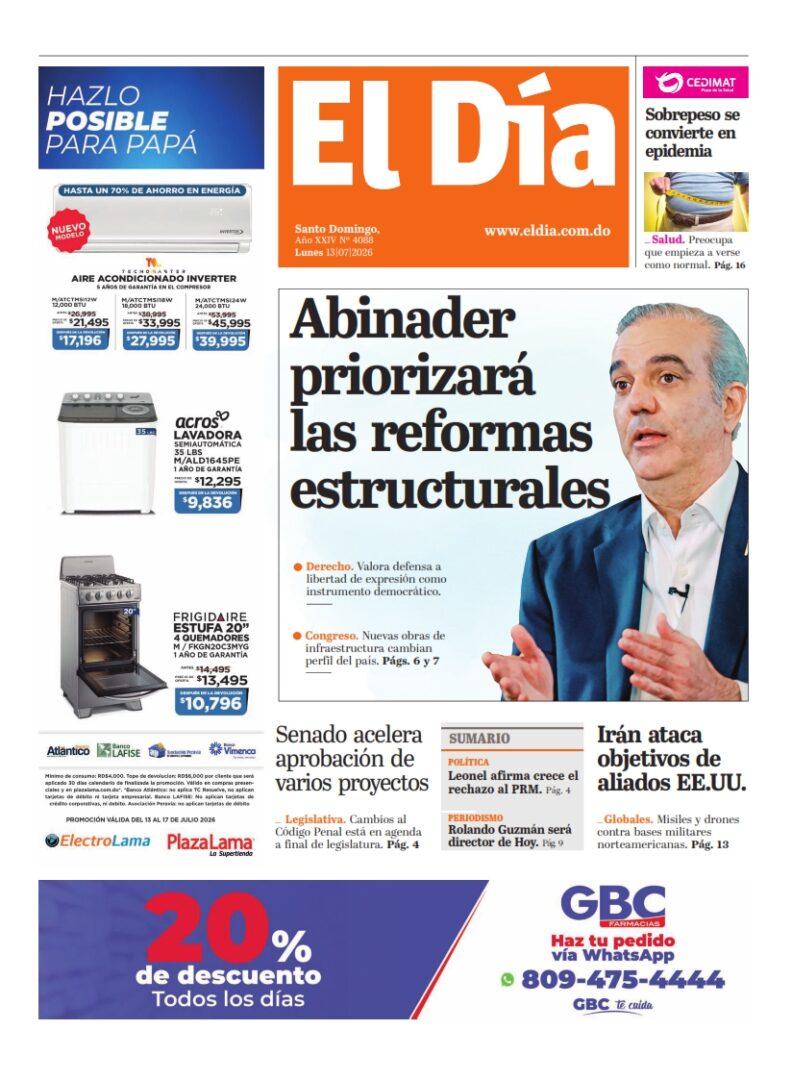 Portada Periódico El Día, Lunes 13, Julio 2026