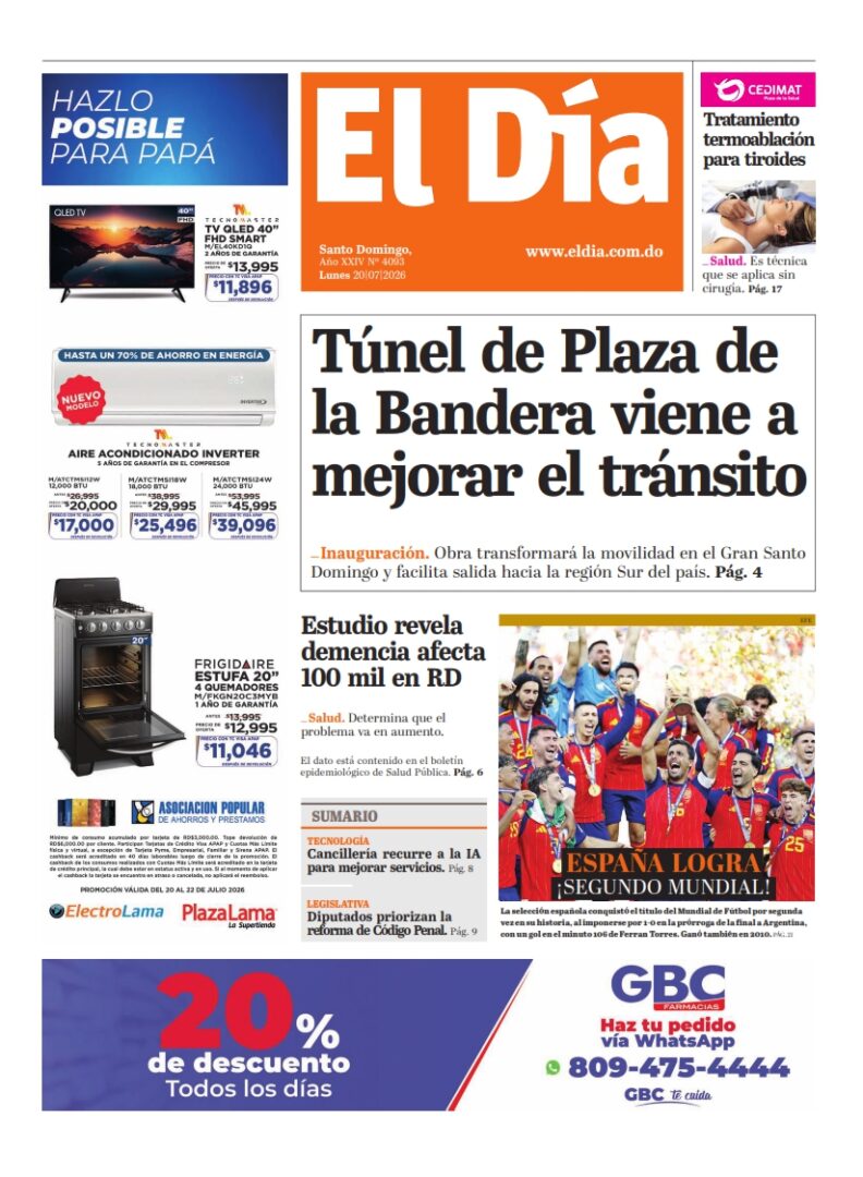 Portada Periódico El Día, Lunes 20, Julio 2026