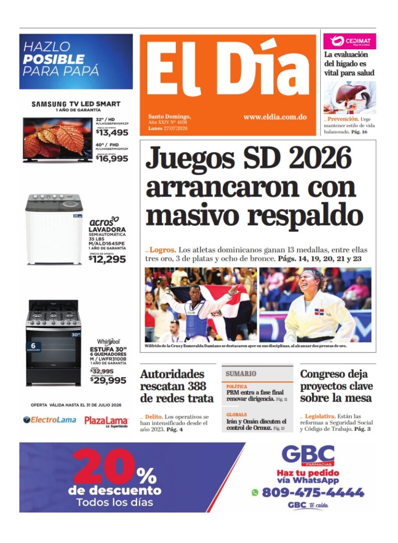 Portada Periódico El Día, Lunes 27, Julio 2026