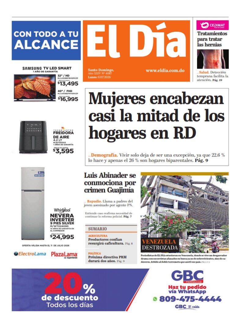 Portada Periódico El Día, Lunes 6, Julio 2026