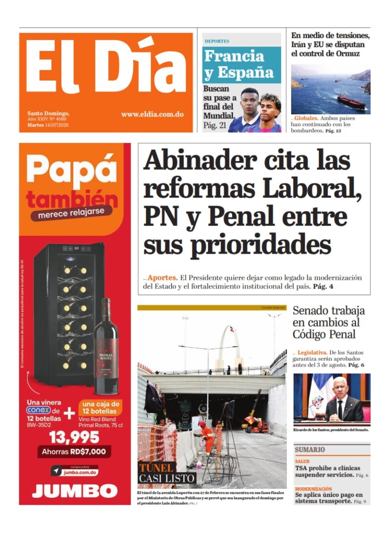 Portada Periódico El Día, Martes 14, Julio 2026
