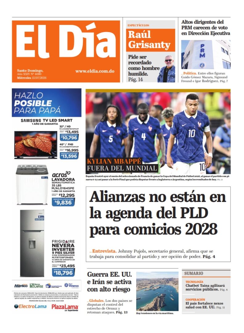 Portada Periódico El Día, Miércoles 15, Julio 2026