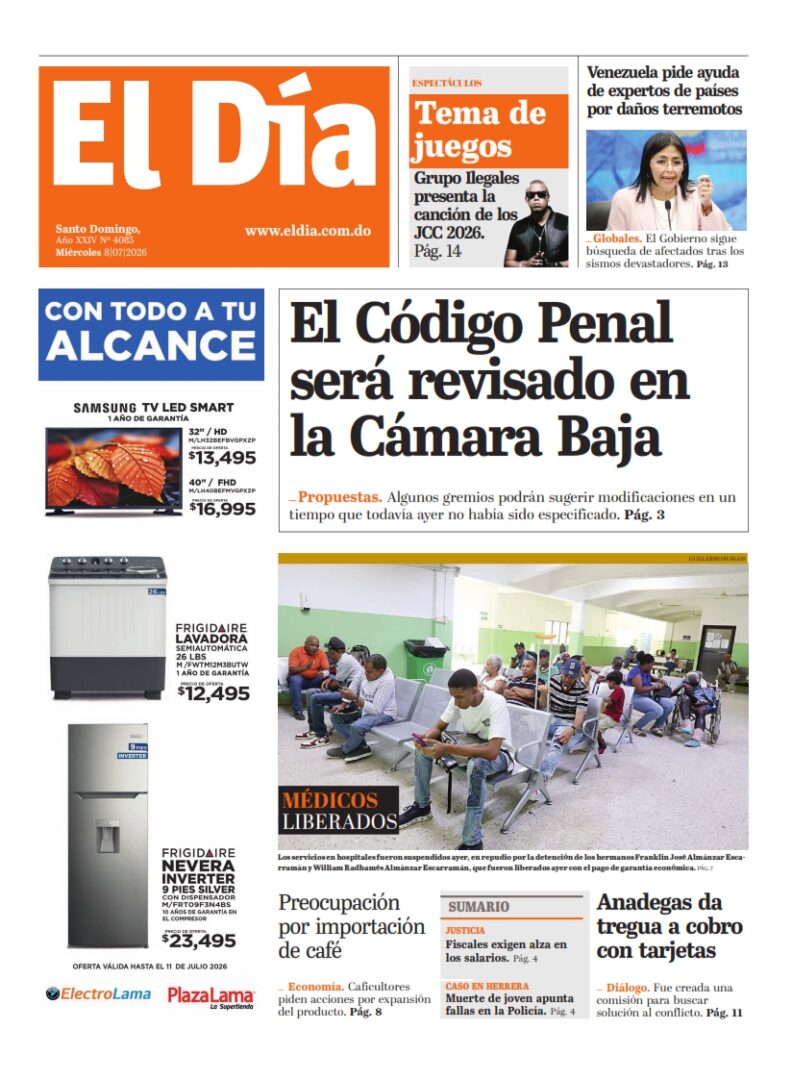 Portada Periódico El Día, Miércoles 8, Julio 2026