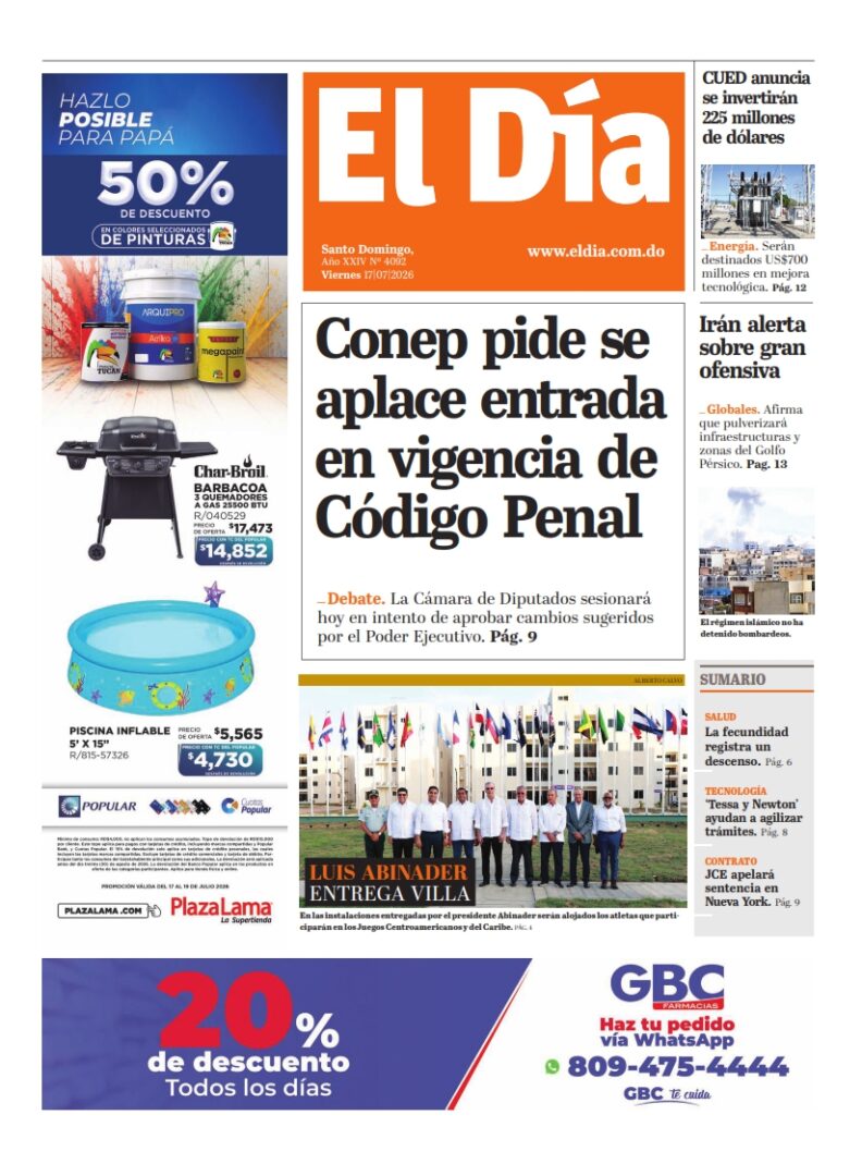 Portada Periódico El Día, Viernes 17, Julio 2026