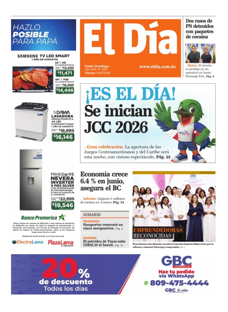 Portada Periódico El Día, Viernes 24, Julio 2026