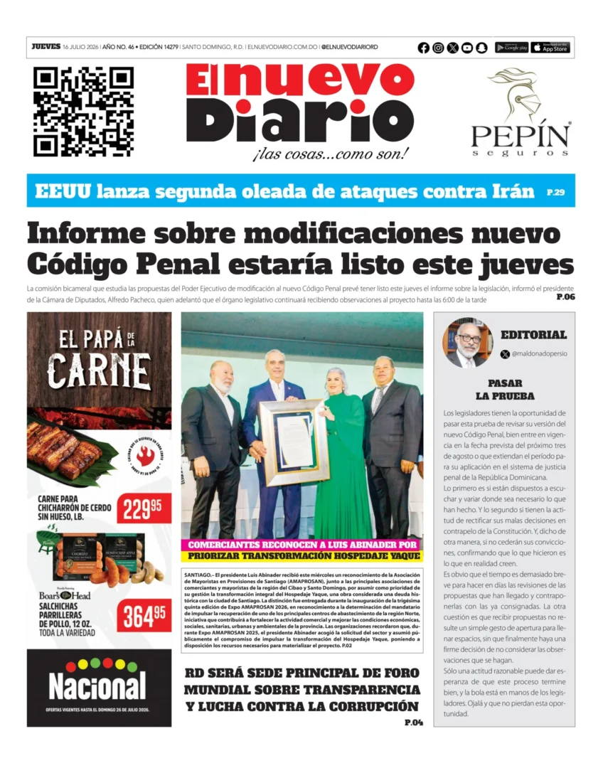 Portada Periódico El Nuevo Diario, Jueves 16, Julio 2026