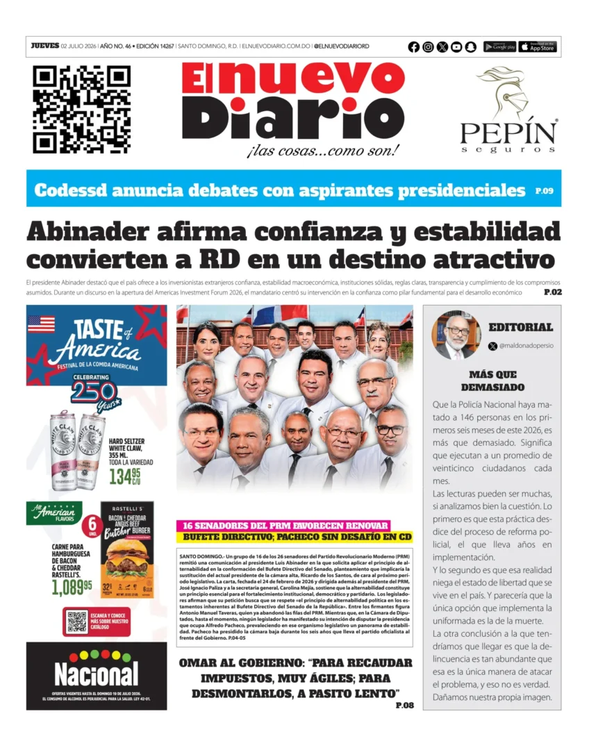 Portada Periódico El Nuevo Diario, Jueves 2, Julio 2026