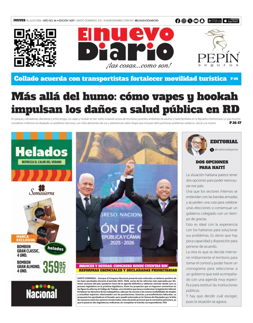 Portada Periódico El Nuevo Diario, Jueves 30, Julio 2026