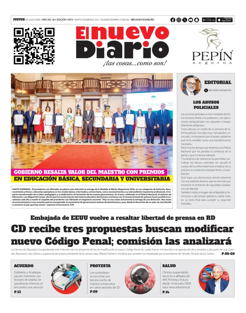 Portada Periódico El Nuevo Diario, Jueves 9, Julio 2026
