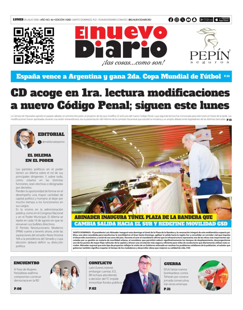 Portada Periódico El Nuevo Diario, Lunes 20, Julio 2026