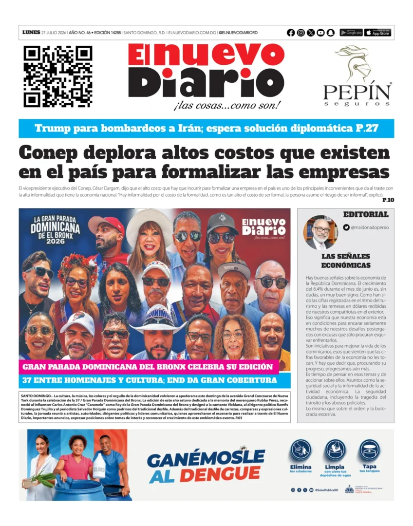 Portada Periódico El Nuevo Diario, Lunes 27, Julio 2026