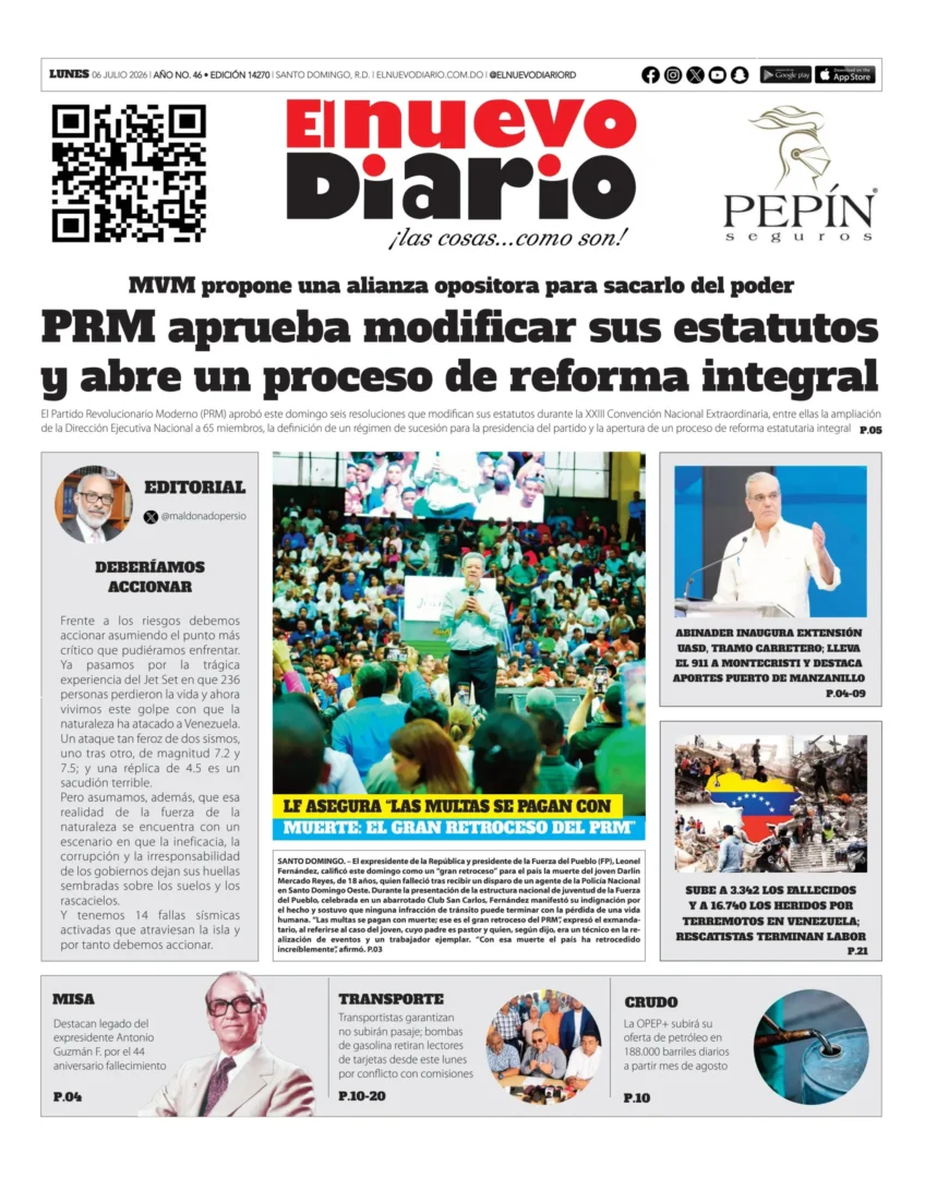 Portada Periódico El Nuevo Diario, Lunes 6, Julio 2026