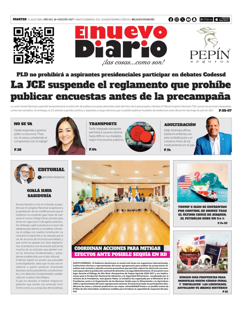 Portada Periódico El Nuevo Diario, Martes 14, Julio 2026