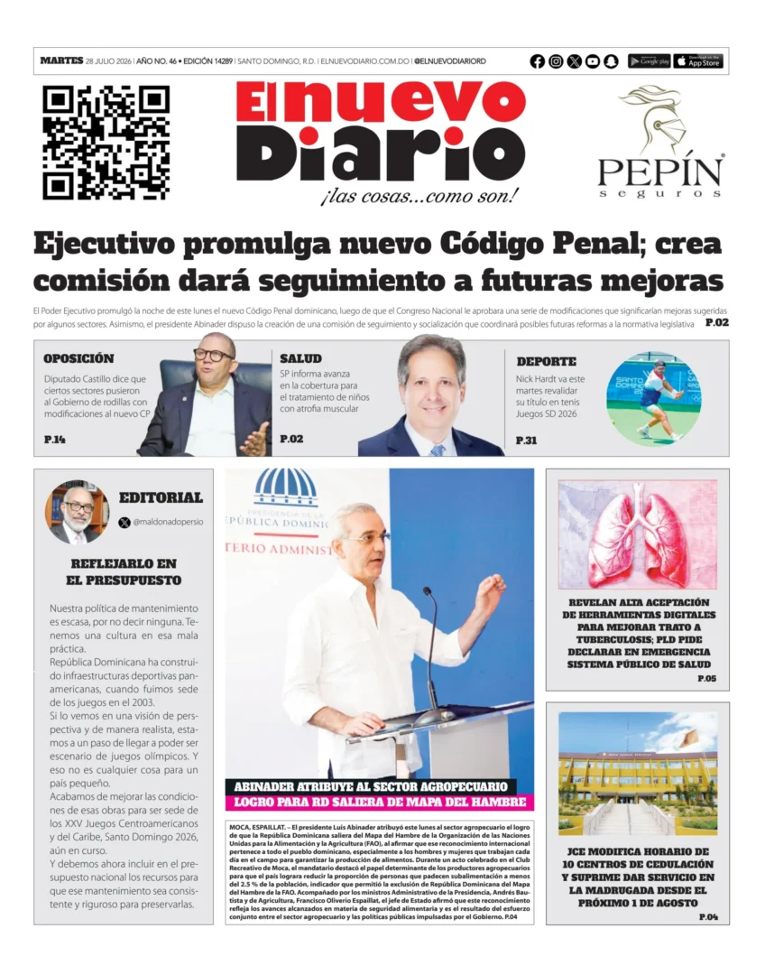 Portada Periódico El Nuevo Diario, Martes 28, Julio 2026