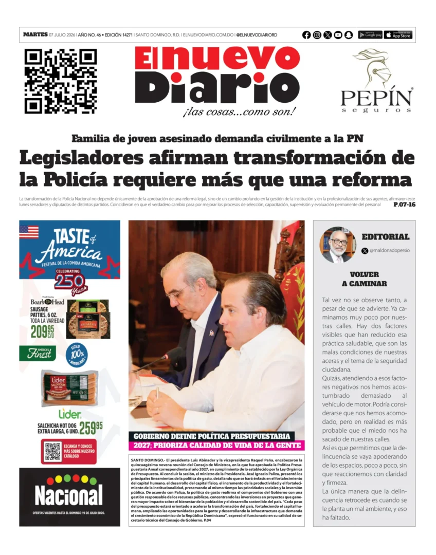 Portada Periódico El Nuevo Diario, Martes 7, Julio 2026