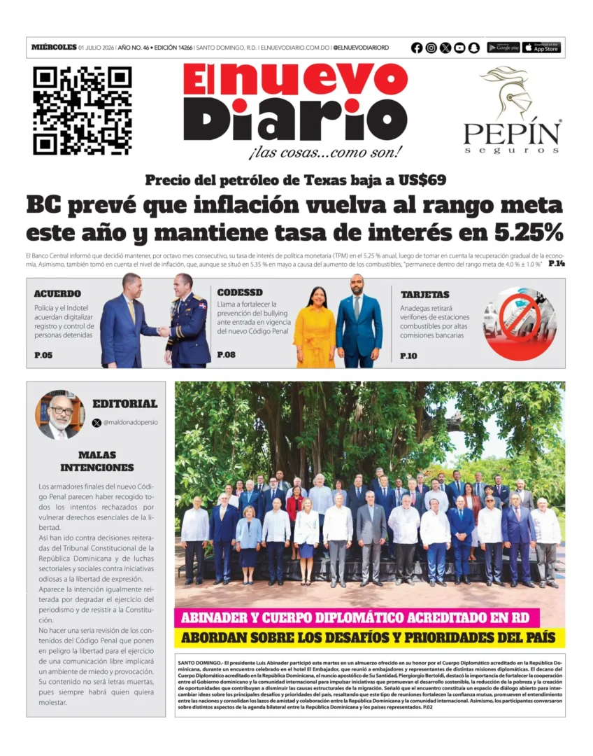 Portada Periódico El Nuevo Diario, Miércoles 1, Julio 2026