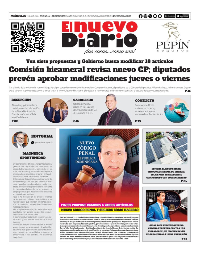 Portada Periódico El Nuevo Diario, Miércoles 15, Julio 2026