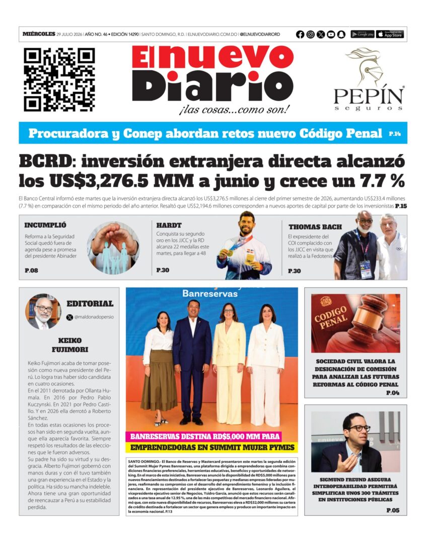 Portada Periódico El Nuevo Diario, Miércoles 29, Julio 2026