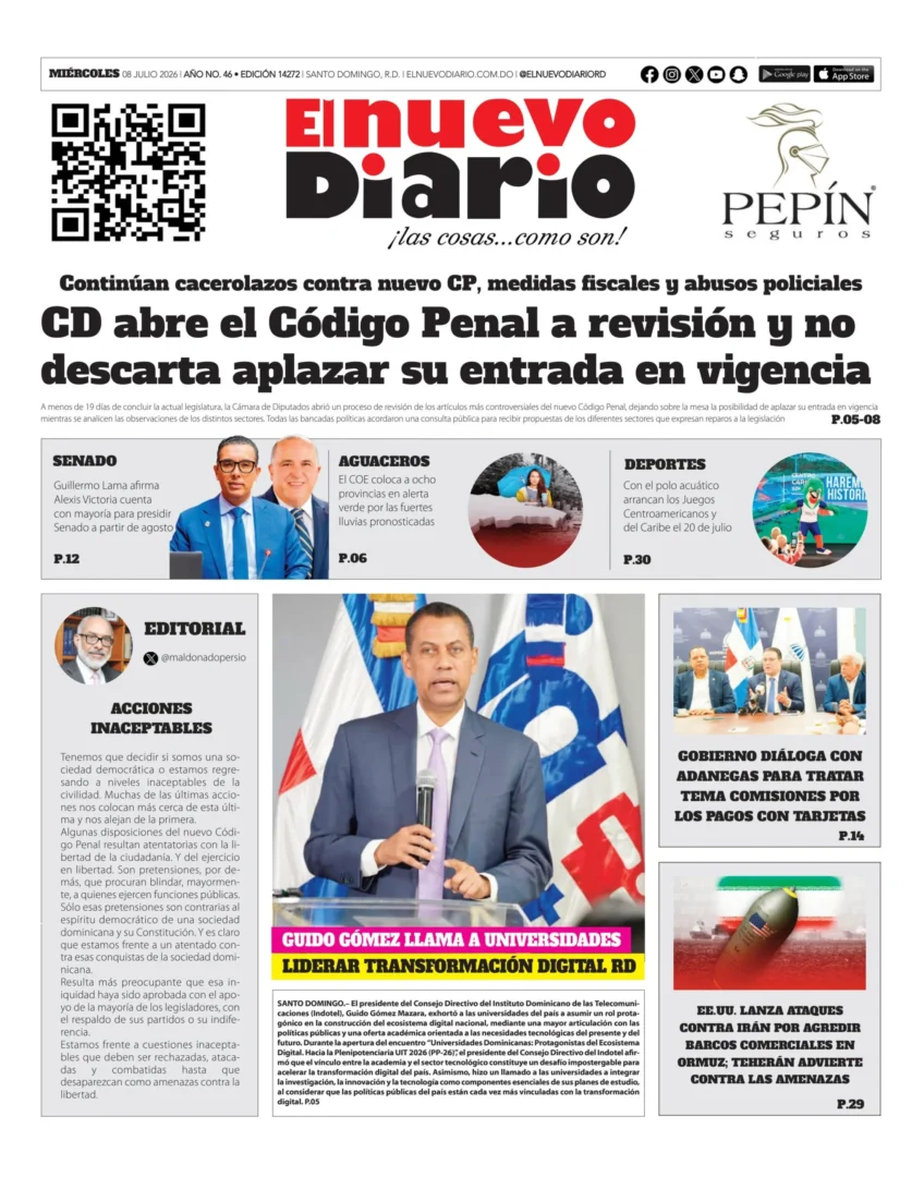 Portada Periódico El Nuevo Diario, Miércoles 8, Julio 2026