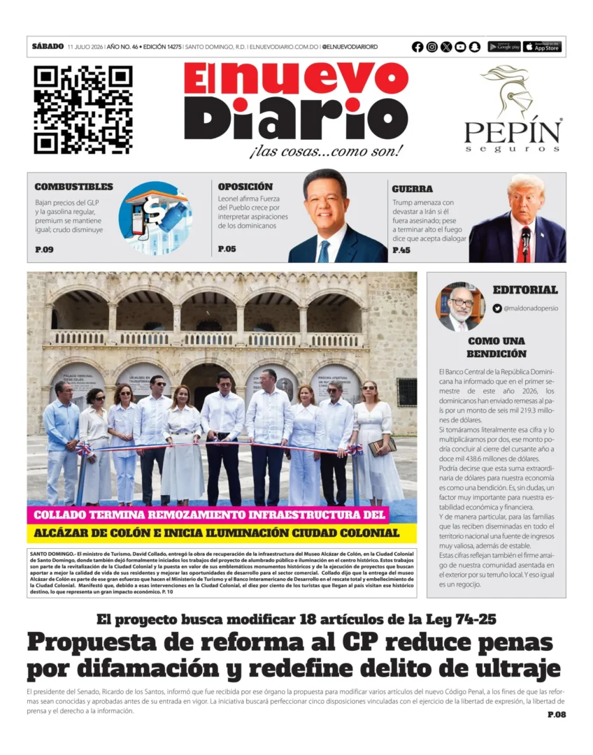Portada Periódico El Nuevo Diario, Sábado 11, Julio 2026