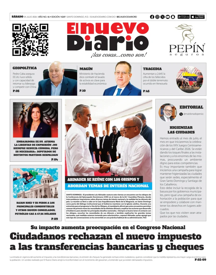 Portada Periódico El Nuevo Diario, Sábado 4, Julio 2026