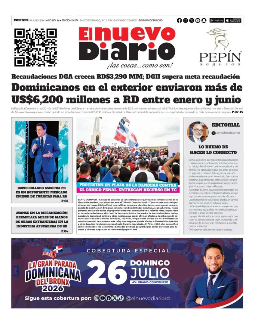 Portada Periódico El Nuevo Diario, Viernes 10, Julio 2026