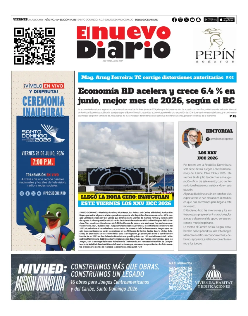 Portada Periódico El Nuevo Diario, Viernes 24, Julio 2026