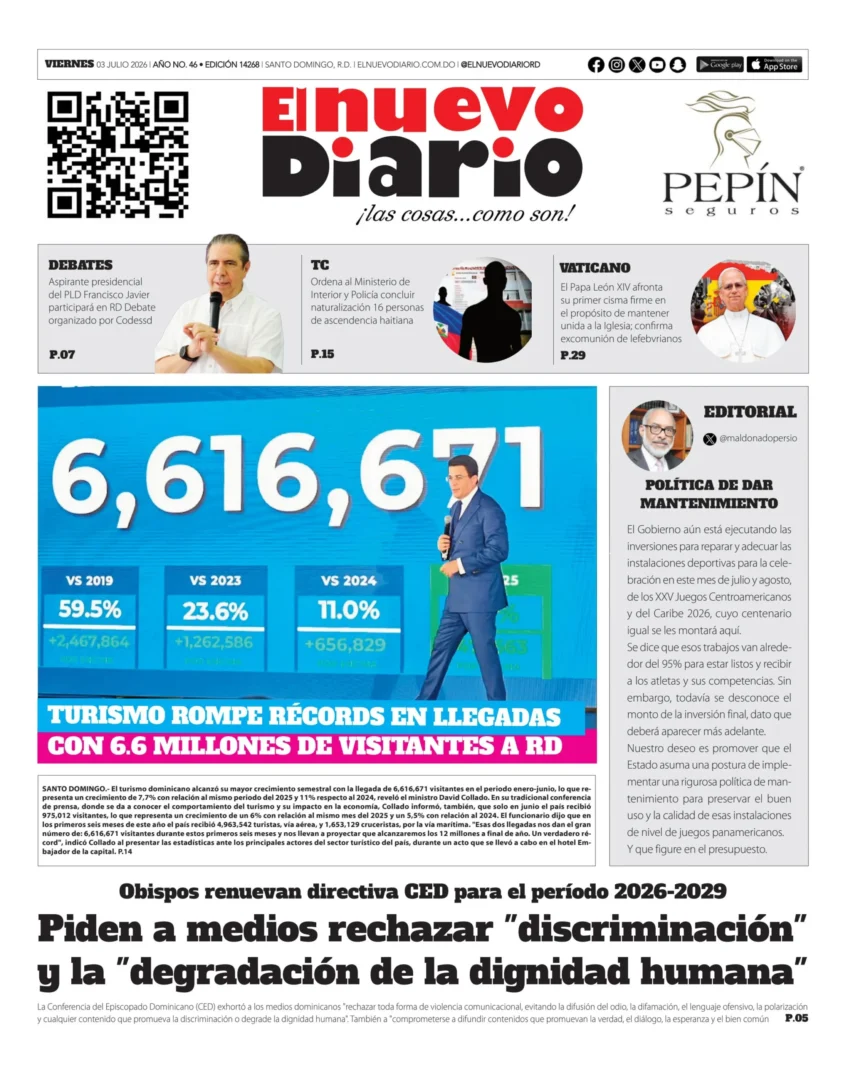 Portada Periódico El Nuevo Diario, Viernes 3, Julio 2026