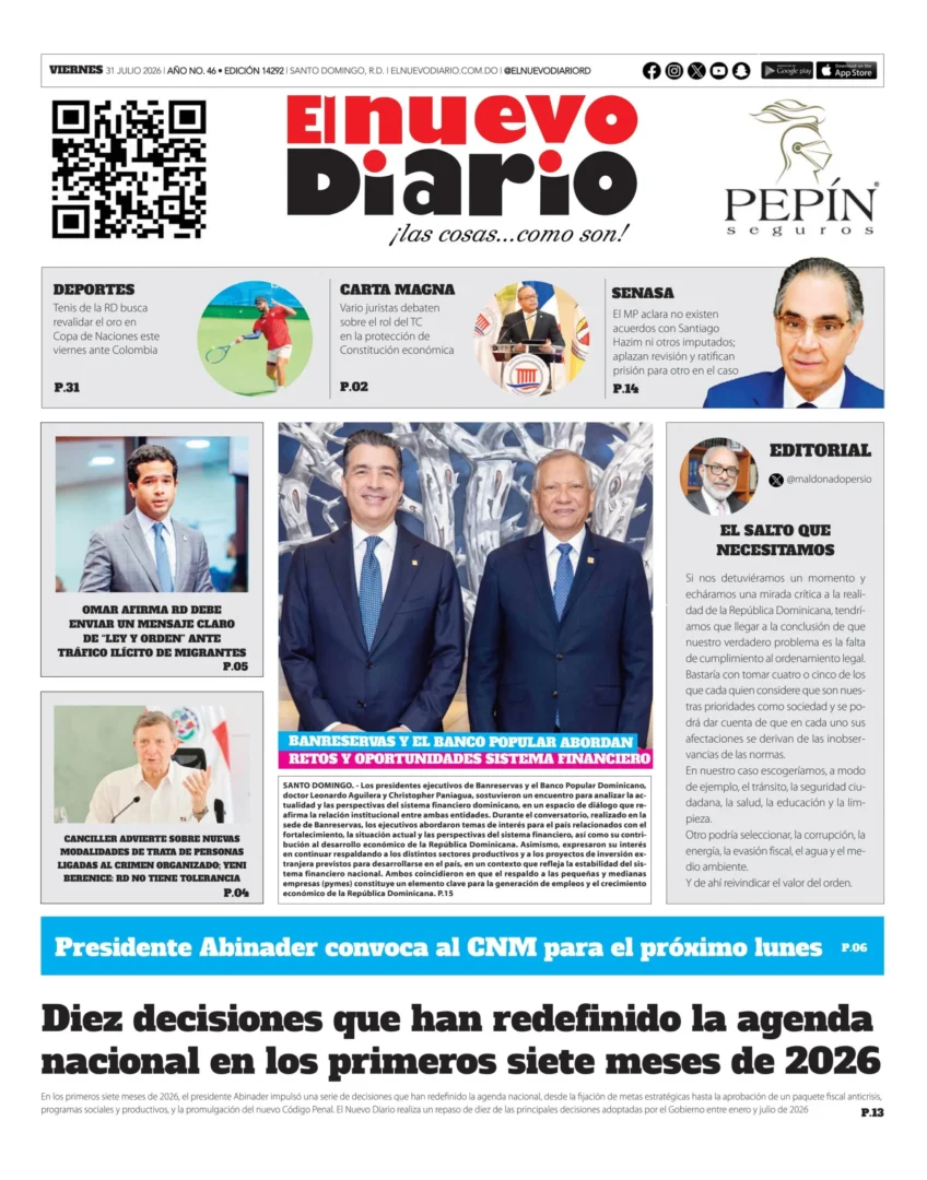Portada Periódico El Nuevo Diario, Viernes 31, Julio 2026