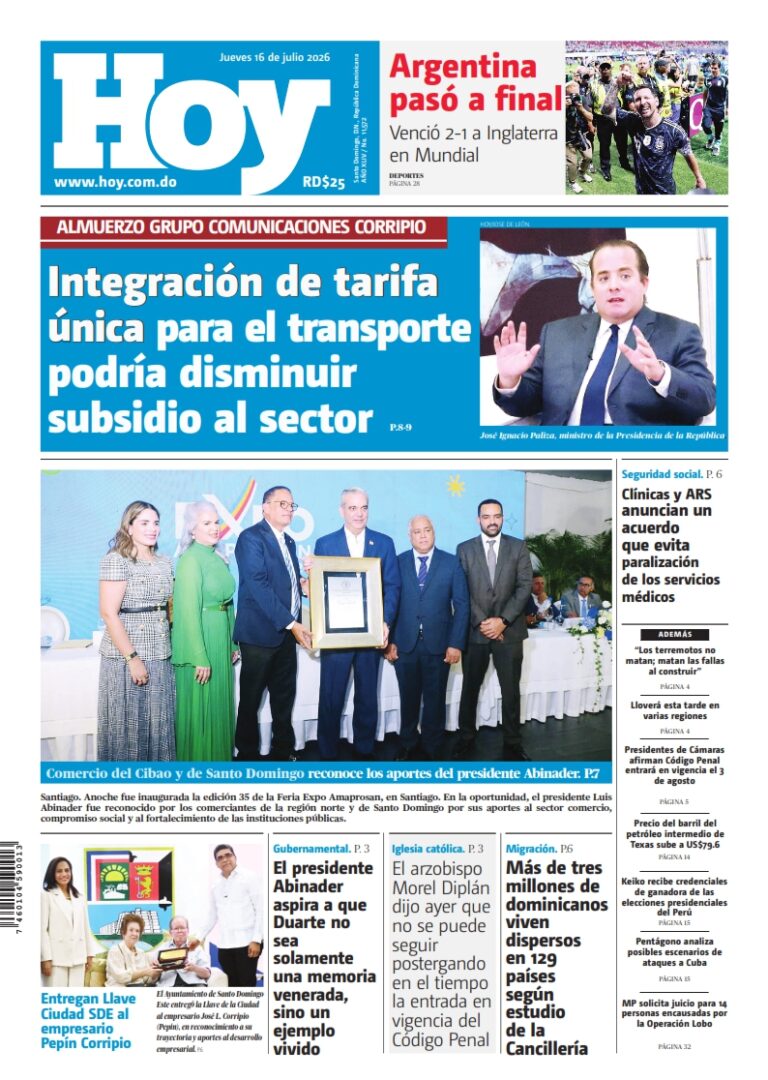 Portada Periódico Hoy, Jueves 16, Julio 2026