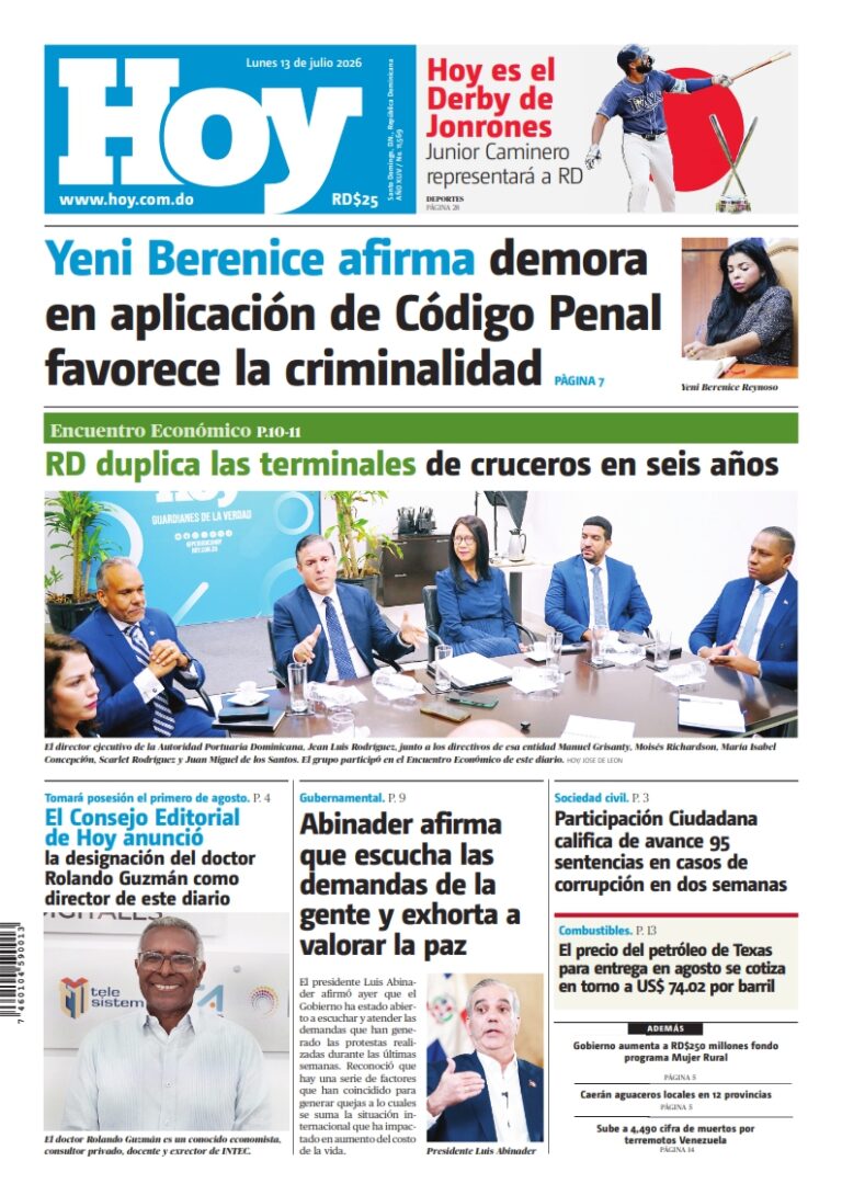 Portada Periódico Hoy, Lunes 13, Julio 2026