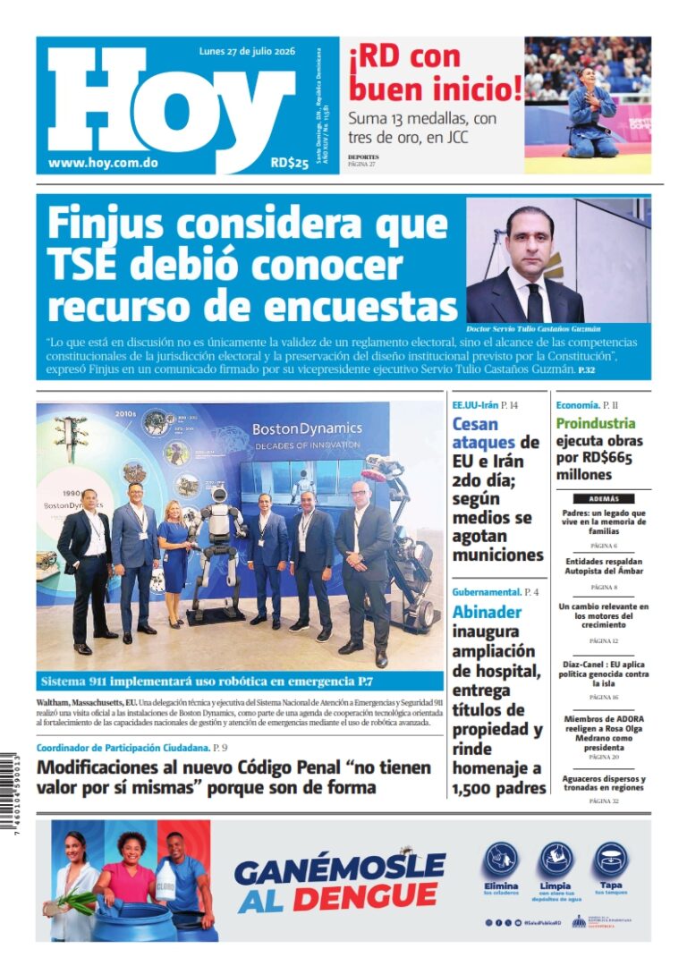 Portada Periódico Hoy, Lunes 27, Julio 2026