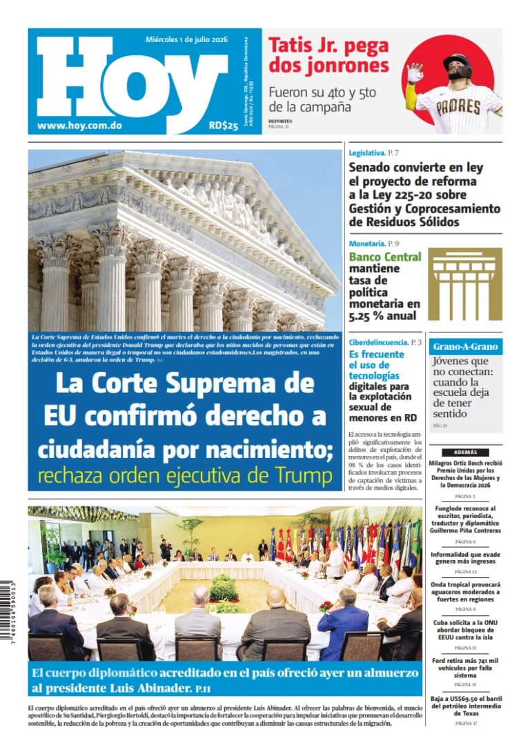 Portada Periódico Hoy, Miércoles 1, Julio 2026