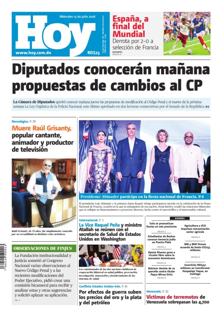 Portada Periódico Hoy, Miércoles 15, Julio 2026