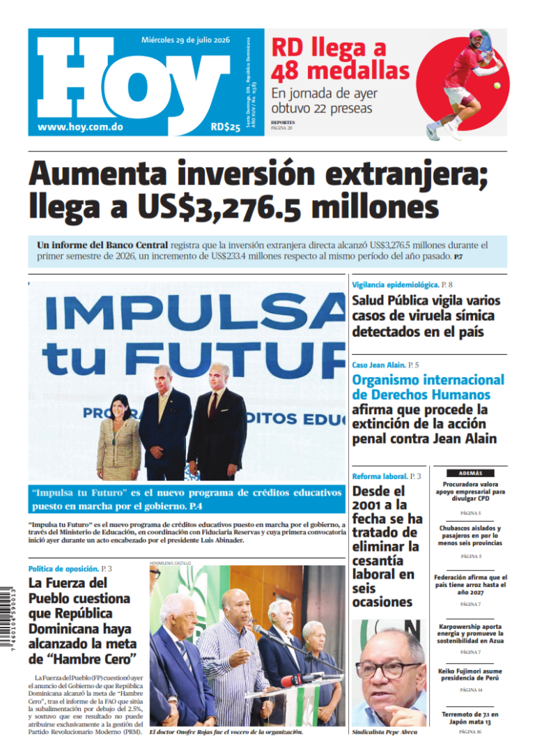 Portada Periódico Hoy, Miércoles 29, Julio 2026
