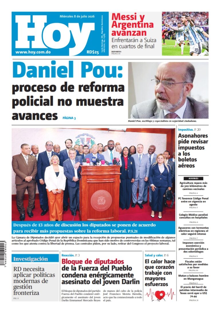 Portada Periódico Hoy, Miércoles 8, Julio 2026