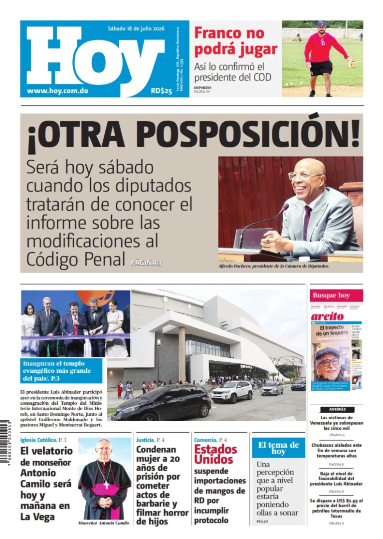 Portada Periódico Hoy, Sábado 18, Julio 2026