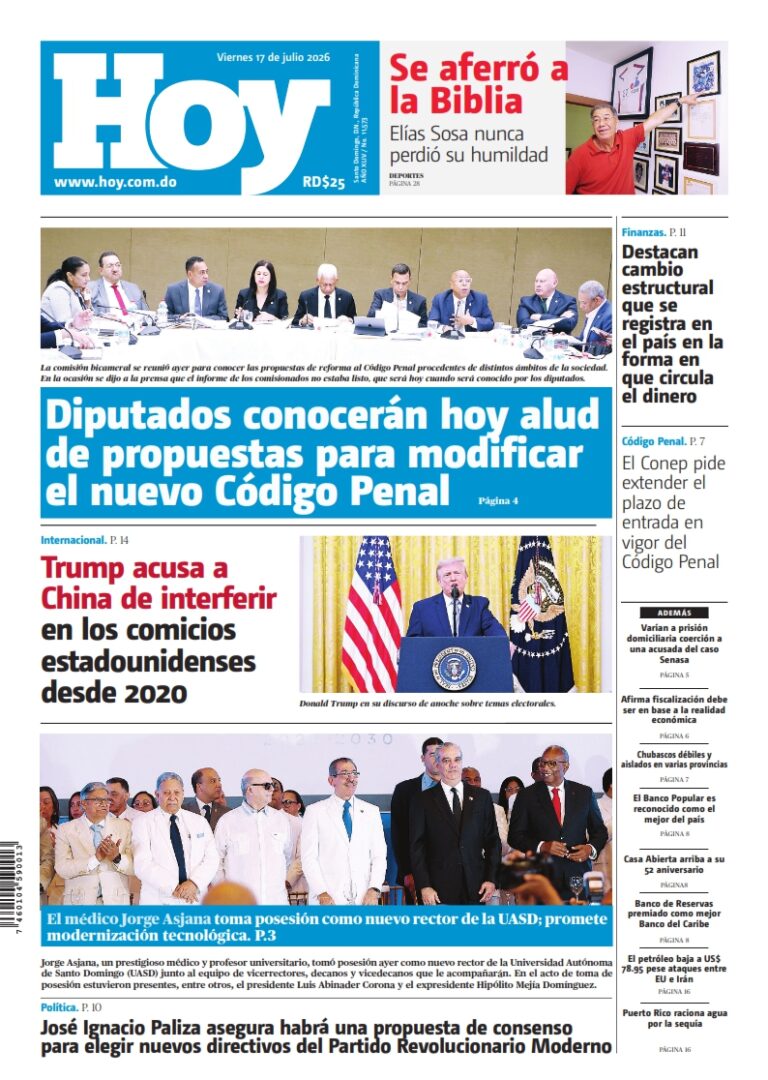 Portada Periódico Hoy, Viernes 17, Julio 2026