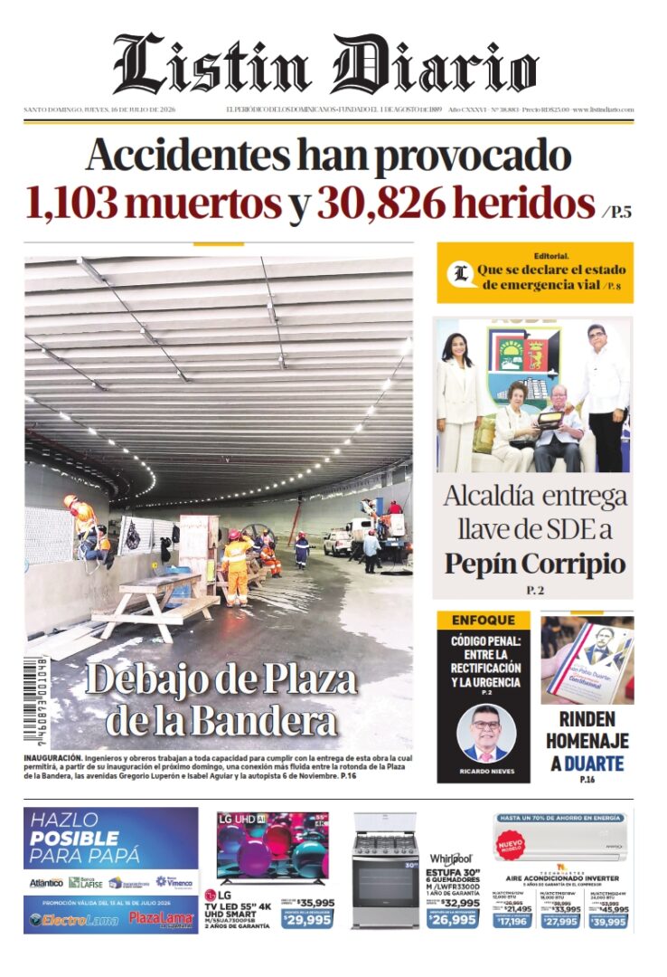 Portada Periódico Listín Diario, Jueves 16, Julio 2026