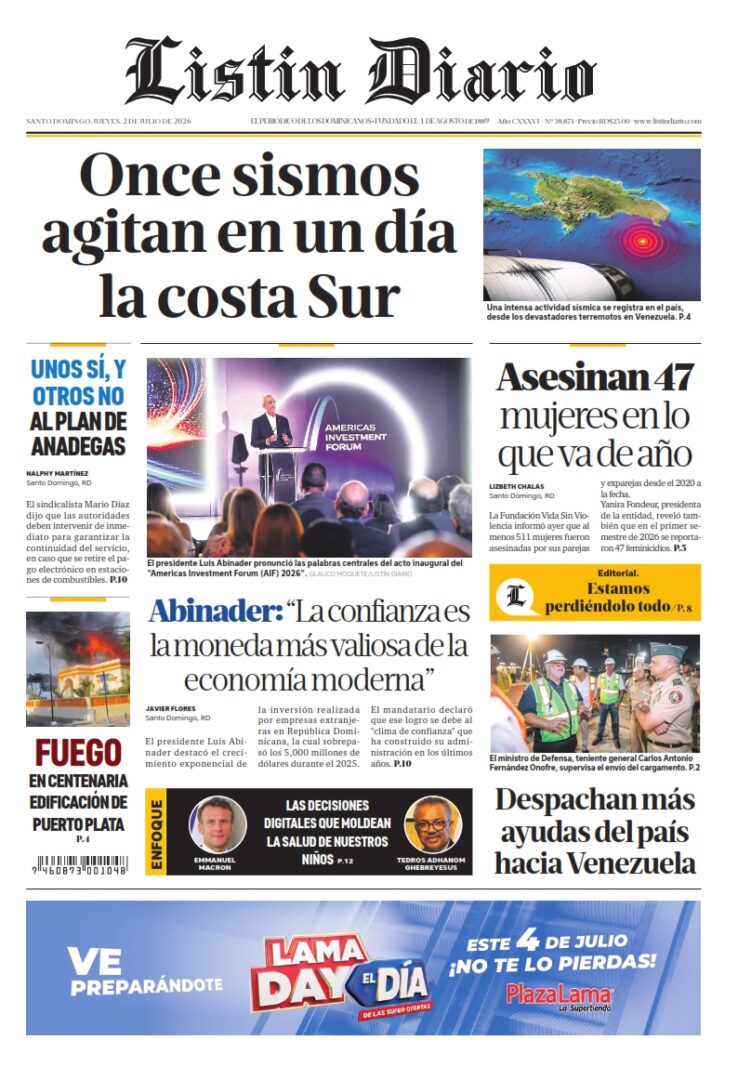 Portada Periódico Listín Diario, Jueves 2, Julio 2026